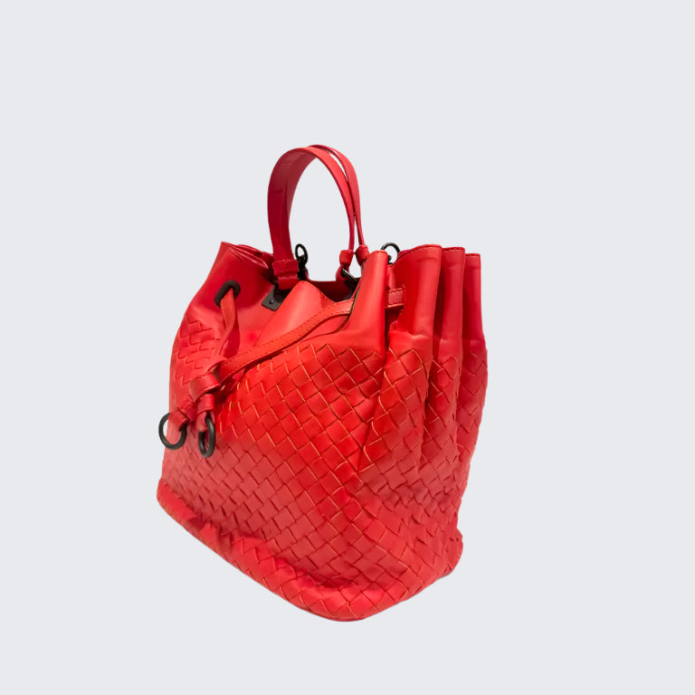 Red Intrecciato Leather Drawstring Bucket Bag twins