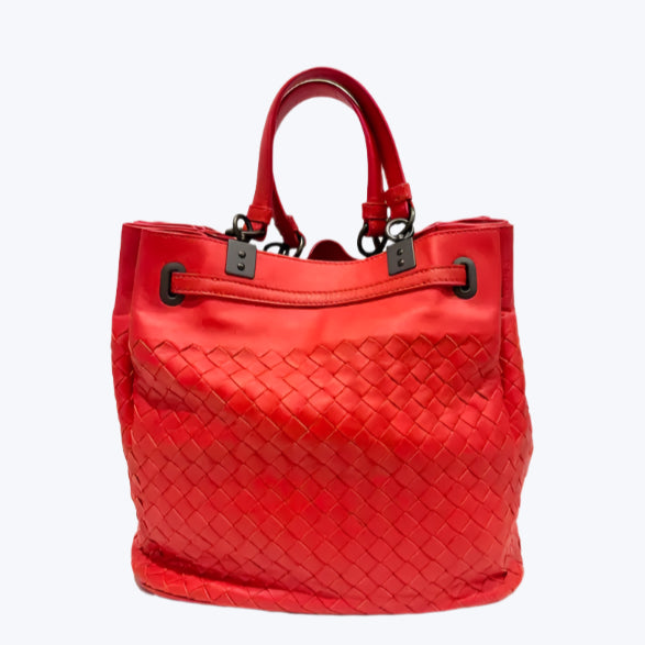 Red Intrecciato Leather Drawstring Bucket Bag twins