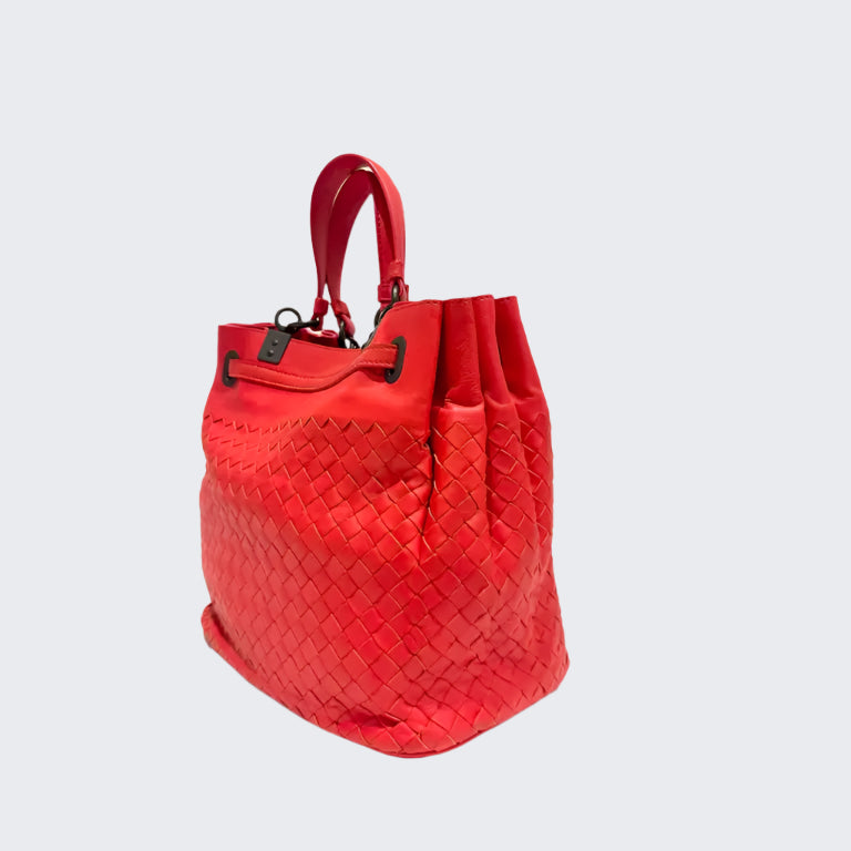 Red Intrecciato Leather Drawstring Bucket Bag twins