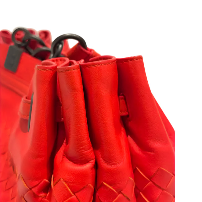 Red Intrecciato Leather Drawstring Bucket Bag twins