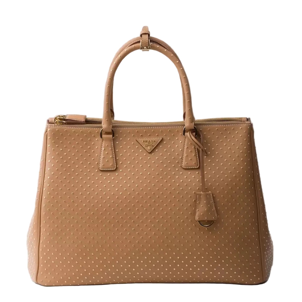 Prada New Edition Calfskin Studded Extra Large Galleria Double Zip Tote Natural twins LDJ5824