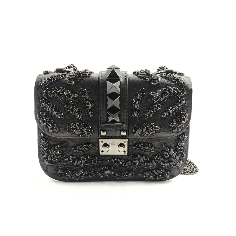 Vitello Beaded Small Glam Lock Rockstud Flap Black