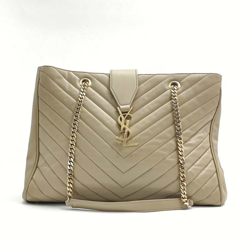 Lambskin Matelasse Chevron Monogram Cassandre Shopper Dark Beige