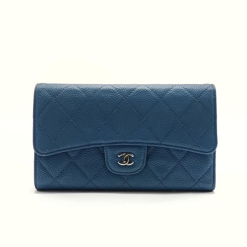 Blue Quilted Caviar Leather Classic Flap Wallet