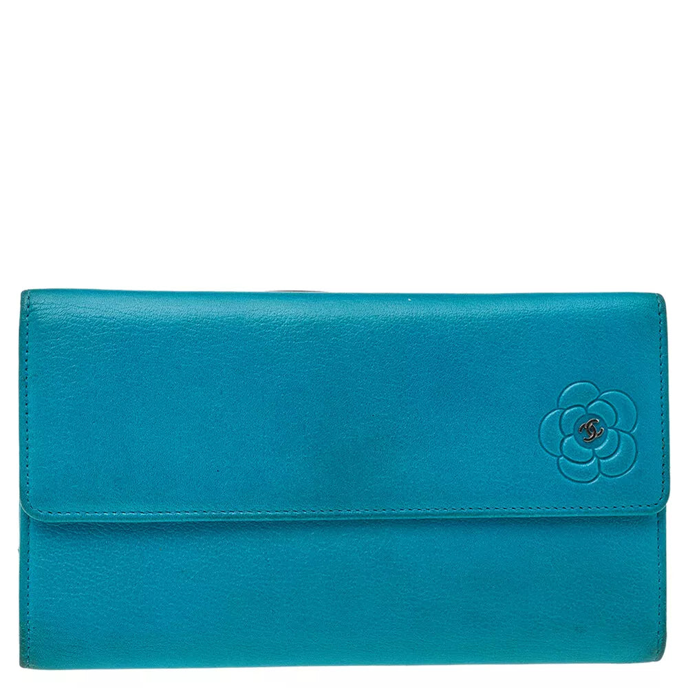 Turquoise Leather CC Camellia Flap Continental Wallet - twins