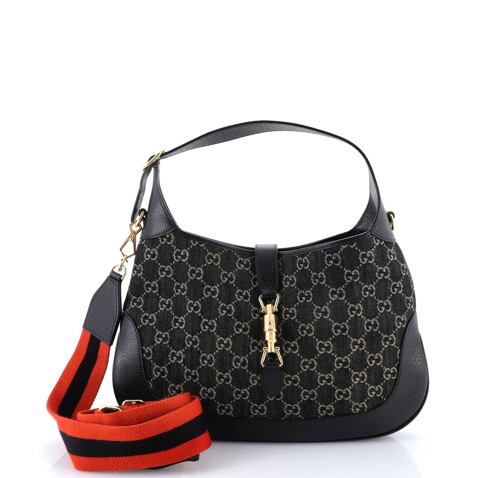 Gucci Jacquard Black Denim GG Monogram Textured Dollar Calfskin Mini Jackie 1961 Hobo twins