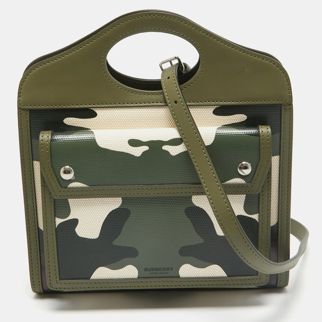 Green Camo Print Coated Canvas and Leather Mini Pocket Bag - twins