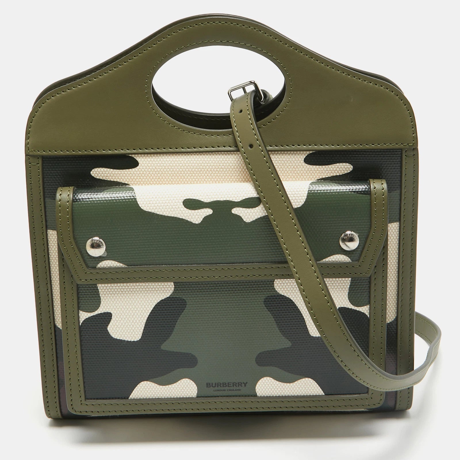 Green Camo Print Coated Canvas and Leather Mini Pocket Bag - twins