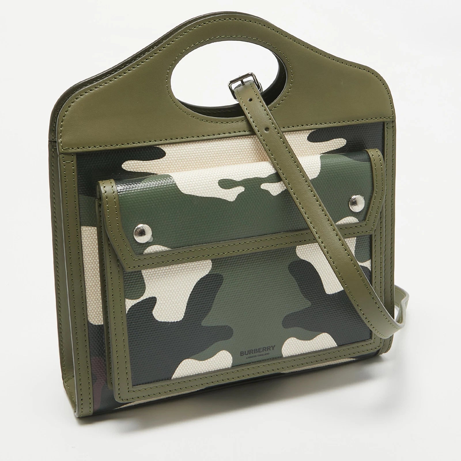 Green Camo Print Coated Canvas and Leather Mini Pocket Bag - twins