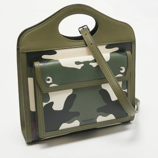 Green Camo Print Coated Canvas and Leather Mini Pocket Bag - twins
