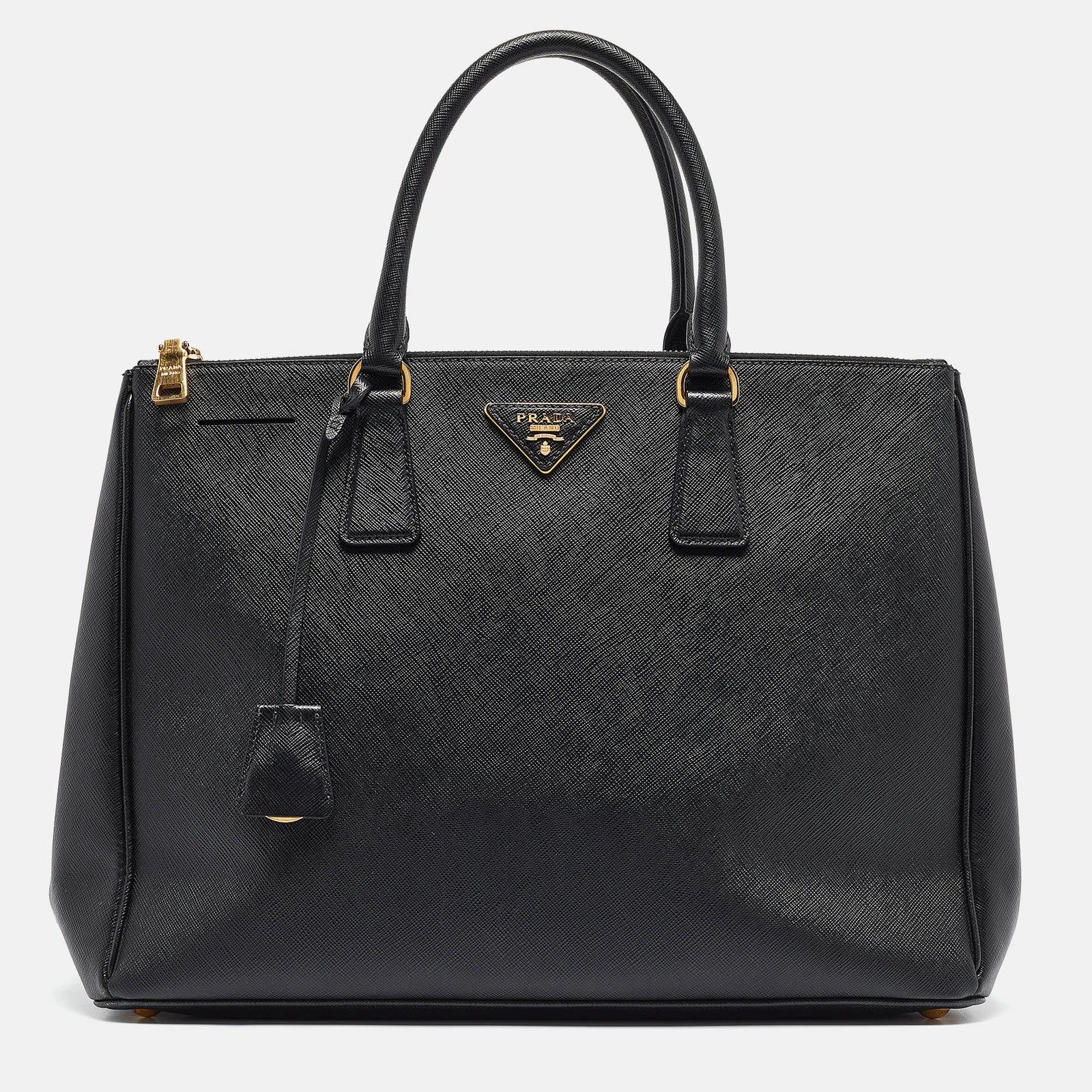 Black Saffiano Lux Double-Zip Tote Bag with Gold Hardware twins