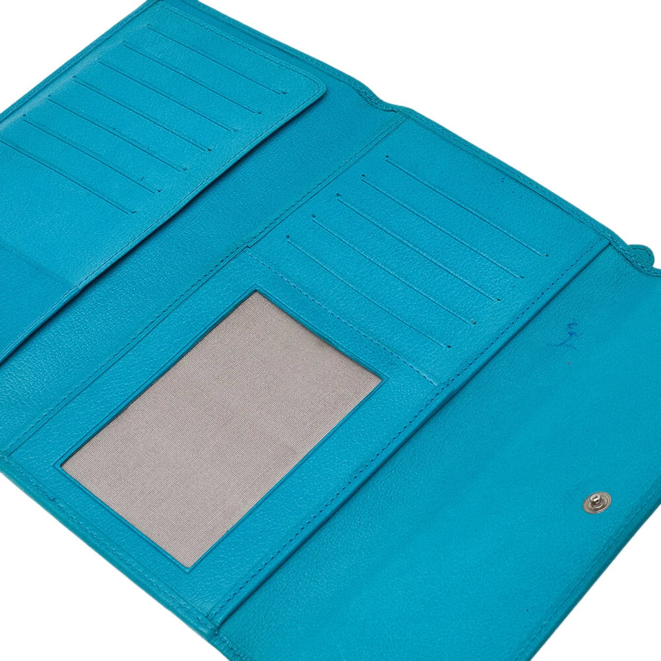 Turquoise Leather CC Camellia Flap Continental Wallet - twins