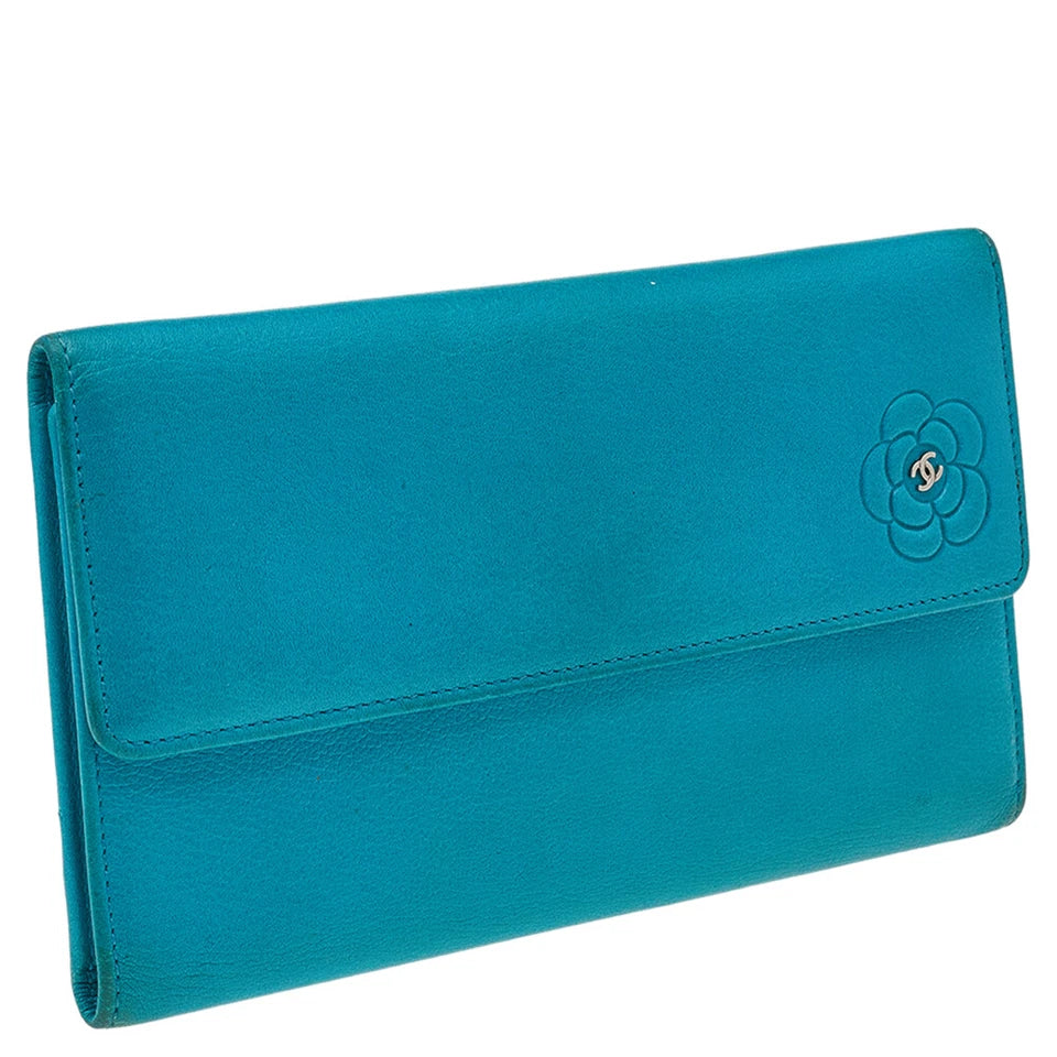 Turquoise Leather CC Camellia Flap Continental Wallet - twins