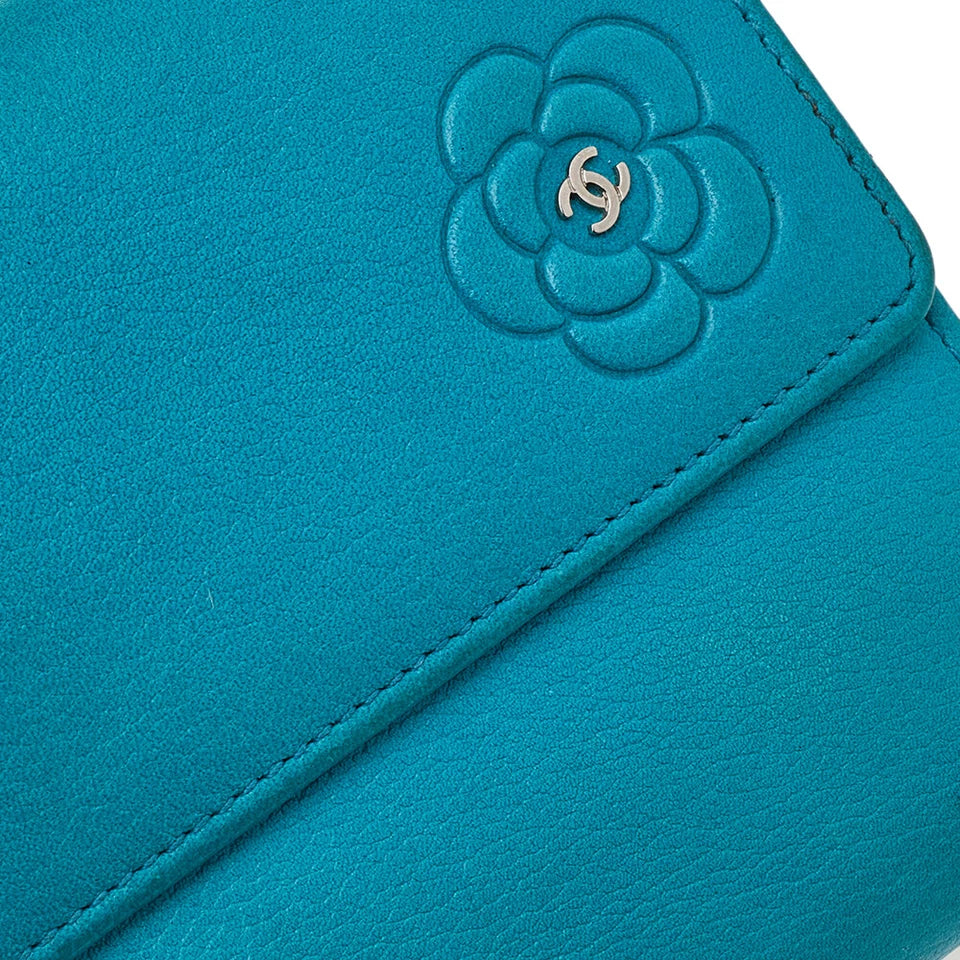 Turquoise Leather CC Camellia Flap Continental Wallet - twins