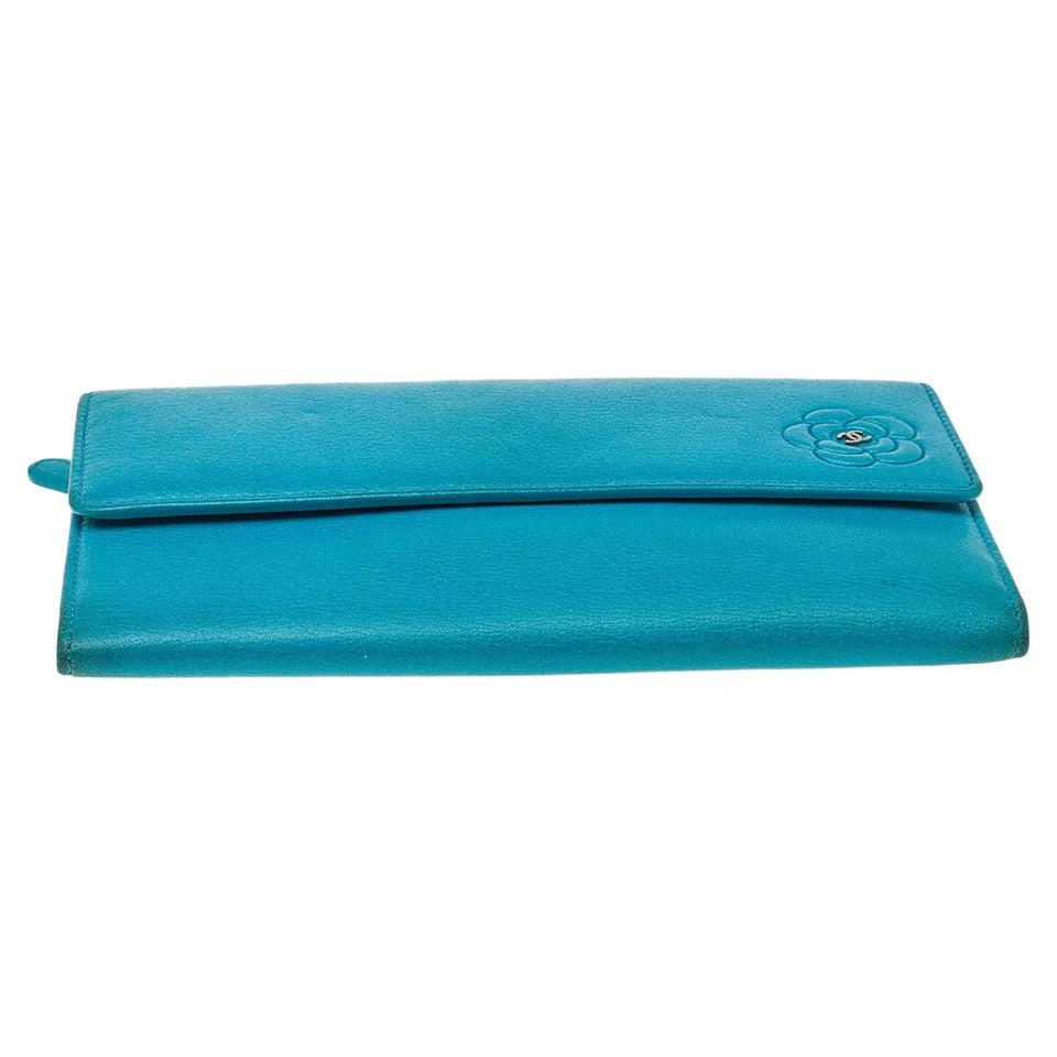 Turquoise Leather CC Camellia Flap Continental Wallet - twins