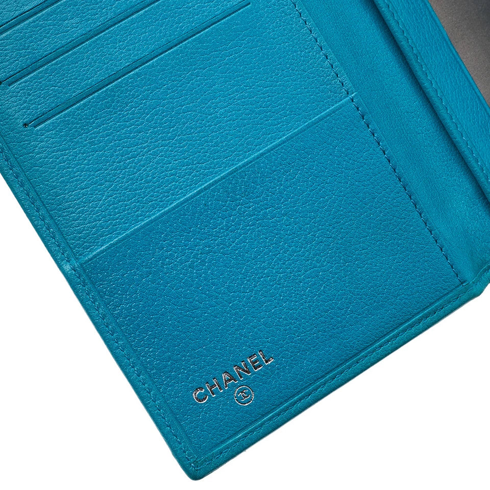 Turquoise Leather CC Camellia Flap Continental Wallet - twins