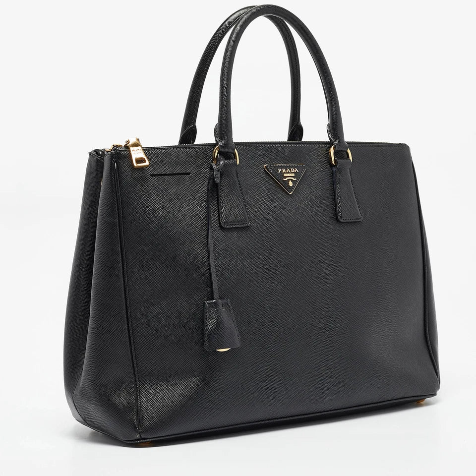 Black Saffiano Lux Double-Zip Tote Bag with Gold Hardware twins